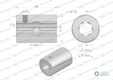 Tuleja, WOM łącząca frezowana 80mm Z6 - 1 1/8, Waryński Tuleja, WOM łącząca frezowana 80mm Z6 - 1 1/8, Waryński