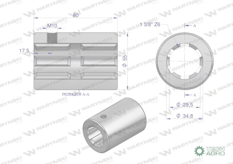 Tuleja, WOM łącząca frezowana 80mm Z6- 1 3/8, Waryński Tuleja, WOM łącząca frezowana 80mm Z6- 1 3/8, Waryński