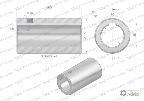 Tuleja, łącząca otwór fi 35mm z rowkiem na wpust 10mm 100mm, Waryński Tuleja, łącząca otwór fi 35mm z rowkiem na wpust 10mm 100mm, Waryński