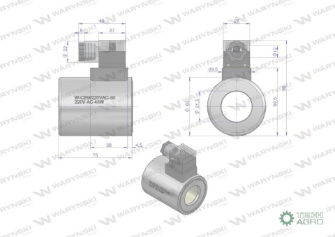 Cewka dzielnika elektrozaworu W-E12DVS6/2-80L. W-E12DVS3/2-80L 220V AC 48W Waryński Cewka dzielnika elektrozaworu W-E12DVS6/2-80L. W-E12DVS3/2-80L 220V AC 48W Waryński