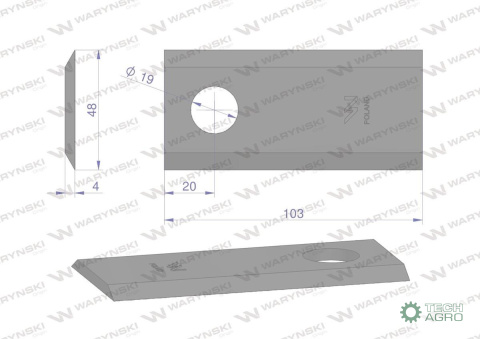 Nóż, nożyk kosiarka 103X48X4mm otwór 19 zastosowanie 122331 Fella WARYŃSKI ( sprzedawane po 25 ) Nóż, nożyk kosiarka 103X48X4mm otwór 19 zastosowanie 122331 Fella WARYŃSKI ( sprzedawane po 25 )