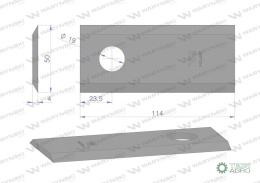 Nóż, nożyk kosiarka 114X48X4mm otwór 19 zastosowanie 1380-0027 JF-Stoll WARYŃSKI ( sprzedawane po 25 )