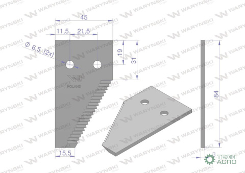 Nóż żniwny końcowy 84x45x3mm otwór 6.5 19 zębów zastosowanie 6112041 6112031 Claas WARYŃSKI ( sprzedawane po 25 ) Nóż żniwny końcowy 84x45x3mm otwór 6.5 19 zębów zastosowanie 6112041 6112031 Claas WARYŃSKI ( sprzedawane po 25 )