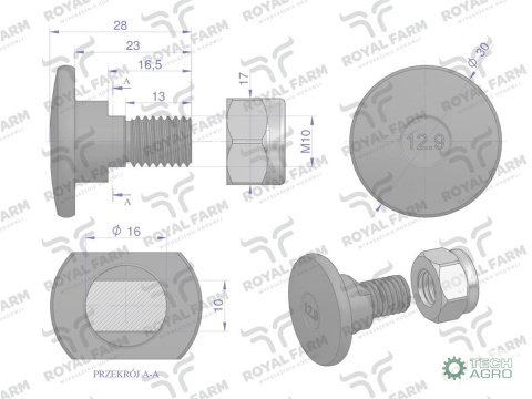 Śruba nożyka kpl. M10x28 zastosowanie Kuhn ROYAL FARM Śruba nożyka kpl. M10x28 zastosowanie Kuhn ROYAL FARM