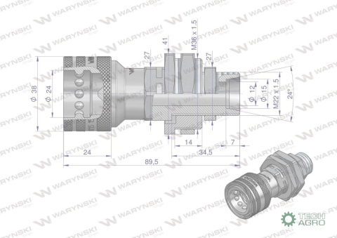 Szybkozłącze hydrauliczne gniazdo long M22x1.5 gwint zewnętrzny EURO (Adaptacja starego typu 504900) (9199822G/ST) (ISO 7241-A Szybkozłącze hydrauliczne gniazdo long M22x1.5 gwint zewnętrzny EURO (Adaptacja starego typu 504900) (9199822G/ST) (ISO 7241-A