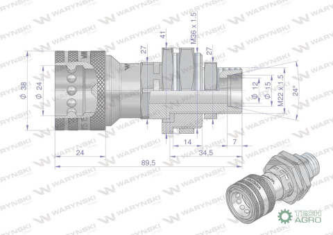 Szybkozłącze hydrauliczne gniazdo long M22x1.5 gwint zewnętrzny EURO (Adaptacja starego typu 504900) (9199822G/ST) (ISO 7241-A) Szybkozłącze hydrauliczne gniazdo long M22x1.5 gwint zewnętrzny EURO (Adaptacja starego typu 504900) (9199822G/ST) (ISO 7241-A)