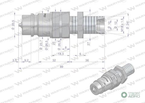 Szybkozłącze hydrauliczne wtyczka long M18x1.5 gwint zewnętrzny EURO (9100818W) (ISO 7241-A) Waryński Szybkozłącze hydrauliczne wtyczka long M18x1.5 gwint zewnętrzny EURO (9100818W) (ISO 7241-A) Waryński