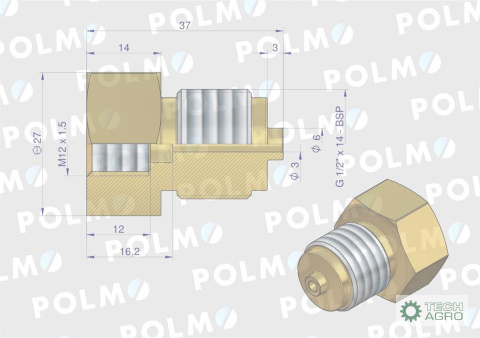 Złączka manometryczna gwint zewnętrzny G1/2" x gwint wewnętrzny M12x1.5 (mosiądz) POLMO Złączka manometryczna gwint zewnętrzny G1/2" x gwint wewnętrzny M12x1.5 (mosiądz) POLMO