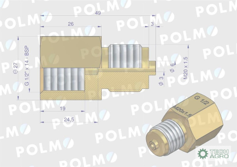 Złączka manometryczna gwint zewnętrzny M20x1.5 x gwint wewnętrzny G1/2" (mosiądz) POLMO Złączka manometryczna gwint zewnętrzny M20x1.5 x gwint wewnętrzny G1/2" (mosiądz) POLMO
