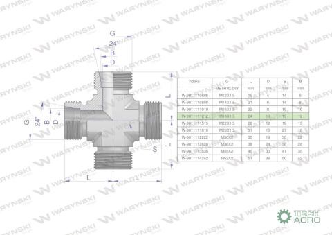 Czwórnik hydrauliczny metryczny BBBB M18x1.5 12L Waryński Czwórnik hydrauliczny metryczny BBBB M18x1.5 12L Waryński