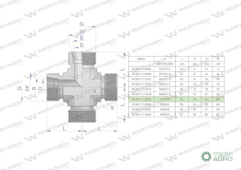 Czwórnik hydrauliczny metryczny BBBB M30x2 22L Waryński Czwórnik hydrauliczny metryczny BBBB M30x2 22L Waryński