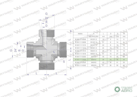 Czwórnik hydrauliczny metryczny BBBB M36x2 28L Waryński Czwórnik hydrauliczny metryczny BBBB M36x2 28L Waryński