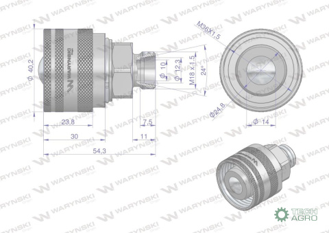 Komplet - zawór wtyczka (Bizon) M18x1.5 skręcane (ZSR6160102) z gwintowaną pokrywą/osłoną aluminiową Waryński Komplet - zawór wtyczka (Bizon) M18x1.5 skręcane (ZSR6160102) z gwintowaną pokrywą/osłoną aluminiową Waryński