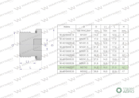 Korek hydrauliczny metryczny (na imbus) M27x2 ED Waryński Korek hydrauliczny metryczny (na imbus) M27x2 ED Waryński