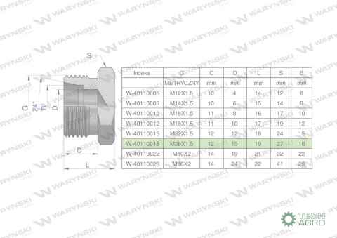 Korek hydrauliczny metryczny (na klucz) M26x1.5 18L Waryński ( sprzedawane po 5 )