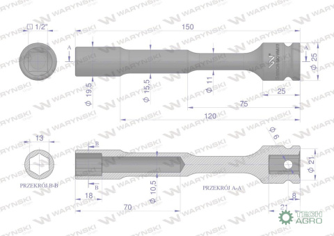 Nasadka udarowa 1/2", sześciokątna slim przelotowa ze stali CrMo 13mm długość 150 mm, stosowane w mechanice do kluczy udarowych Nasadka udarowa 1/2", sześciokątna slim przelotowa ze stali CrMo 13mm długość 150 mm, stosowane w mechanice do kluczy udarowych