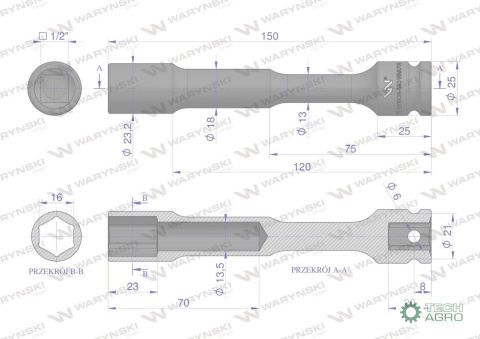 Nasadka udarowa 1/2", sześciokątna slim przelotowa ze stali CrMo 16mm długość 150 mm, stosowane w mechanice do kluczy udarowych Nasadka udarowa 1/2", sześciokątna slim przelotowa ze stali CrMo 16mm długość 150 mm, stosowane w mechanice do kluczy udarowych