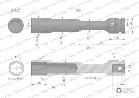 Nasadka udarowa 1/2", sześciokątna slim przelotowa ze stali CrMo 17mm długość 150 mm, stosowane w mechanice do kluczy udarowych Nasadka udarowa 1/2", sześciokątna slim przelotowa ze stali CrMo 17mm długość 150 mm, stosowane w mechanice do kluczy udarowych