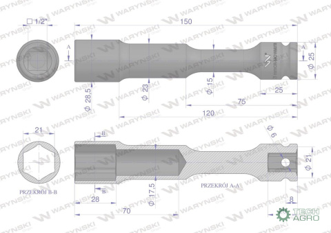 Nasadka udarowa 1/2", sześciokątna slim przelotowa ze stali CrMo 21mm długość 150 mm, stosowane w mechanice do kluczy udarowych Nasadka udarowa 1/2", sześciokątna slim przelotowa ze stali CrMo 21mm długość 150 mm, stosowane w mechanice do kluczy udarowych