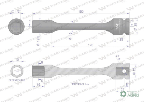 Nasadka udarowa 1/2", sześciokątna slim ze stali CrMo 13mm długość 150 mm, stosowane w mechanice do kluczy udarowych, Waryński Nasadka udarowa 1/2", sześciokątna slim ze stali CrMo 13mm długość 150 mm, stosowane w mechanice do kluczy udarowych, Waryński