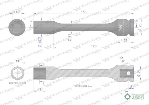 Nasadka udarowa 1/2", sześciokątna slim ze stali CrMo 14mm długość 150 mm, stosowane w mechanice do kluczy udarowych, Waryński Nasadka udarowa 1/2", sześciokątna slim ze stali CrMo 14mm długość 150 mm, stosowane w mechanice do kluczy udarowych, Waryński