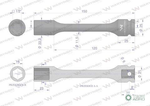 Nasadka udarowa 1/2", sześciokątna slim ze stali CrMo 15mm długość 150 mm, stosowane w mechanice do kluczy udarowych, Waryński Nasadka udarowa 1/2", sześciokątna slim ze stali CrMo 15mm długość 150 mm, stosowane w mechanice do kluczy udarowych, Waryński