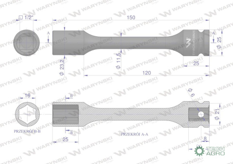Nasadka udarowa 1/2", sześciokątna slim ze stali CrMo 16mm długość 150 mm, stosowane w mechanice do kluczy udarowych, Waryński Nasadka udarowa 1/2", sześciokątna slim ze stali CrMo 16mm długość 150 mm, stosowane w mechanice do kluczy udarowych, Waryński