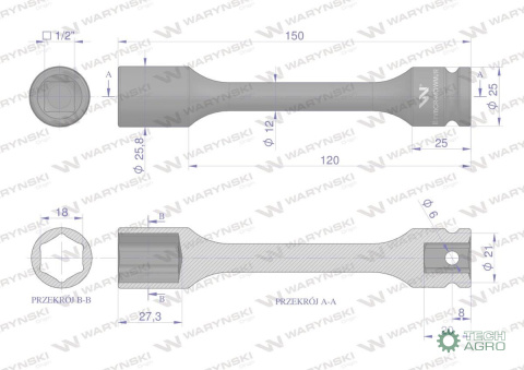 Nasadka udarowa 1/2", sześciokątna slim ze stali CrMo 18mm długość 150 mm, stosowane w mechanice do kluczy udarowych, Waryński Nasadka udarowa 1/2", sześciokątna slim ze stali CrMo 18mm długość 150 mm, stosowane w mechanice do kluczy udarowych, Waryński