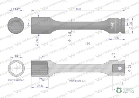 Nasadka udarowa 1/2", sześciokątna slim ze stali CrMo 19mm długość 150 mm, stosowane w mechanice do kluczy udarowych, Waryński Nasadka udarowa 1/2", sześciokątna slim ze stali CrMo 19mm długość 150 mm, stosowane w mechanice do kluczy udarowych, Waryński