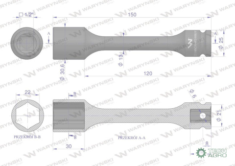 Nasadka udarowa 1/2", sześciokątna slim ze stali CrMo 22mm długość 150 mm, stosowane w mechanice do kluczy udarowych, Waryński Nasadka udarowa 1/2", sześciokątna slim ze stali CrMo 22mm długość 150 mm, stosowane w mechanice do kluczy udarowych, Waryński