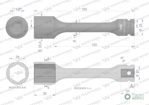 Nasadka udarowa 1/2", sześciokątna slim ze stali CrMo 24mm długość 150 mm, stosowane w mechanice do kluczy udarowych, Waryński Nasadka udarowa 1/2", sześciokątna slim ze stali CrMo 24mm długość 150 mm, stosowane w mechanice do kluczy udarowych, Waryński