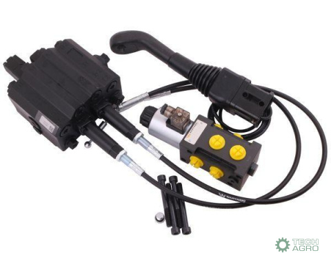 Zestaw 90L do ładowacza czołowego: Rozdzielacz + Elektrozawór + Joystick z przyciskiem + Linki na kulkę stalową 2000mm Waryński Zestaw 90L do ładowacza czołowego: Rozdzielacz + Elektrozawór + Joystick z przyciskiem + Linki na kulkę stalową 2000mm Waryński
