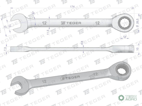 Klucz płasko-oczkowy z grzechotką 12 mm / TEGER Klucz płasko-oczkowy z grzechotką 12 mm / TEGER