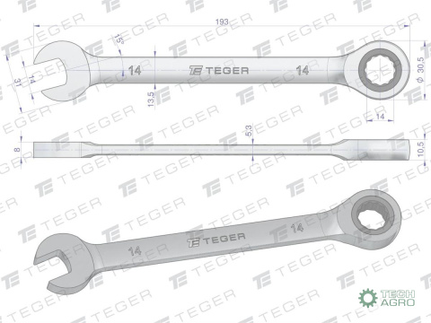 Klucz płasko-oczkowy z grzechotką 14 mm / TEGER Klucz płasko-oczkowy z grzechotką 14 mm / TEGER