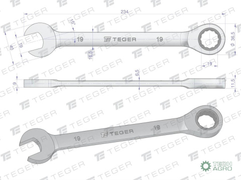 Klucz płasko-oczkowy z grzechotką 19 mm / TEGER Klucz płasko-oczkowy z grzechotką 19 mm / TEGER