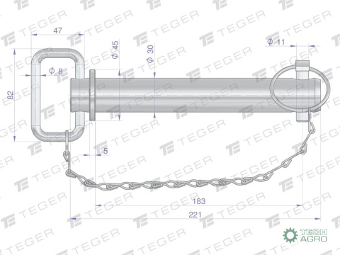 Sworzeń zaczepu z zawleczką i łańcuchem 30x183x221 TEGER Sworzeń zaczepu z zawleczką i łańcuchem 30x183x221 TEGER