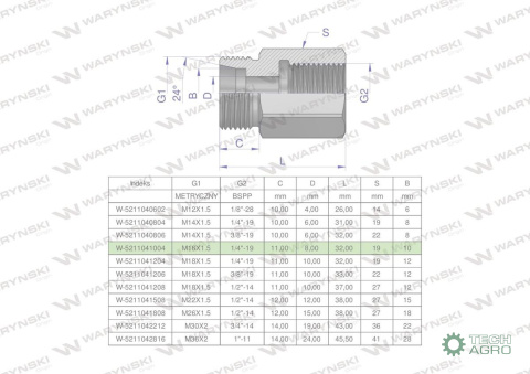Tulejka różnicowa hydrauliczna AB M16x1.5 10L GZ x 1/4" BSP GW Waryński ( sprzedawane po 2 )