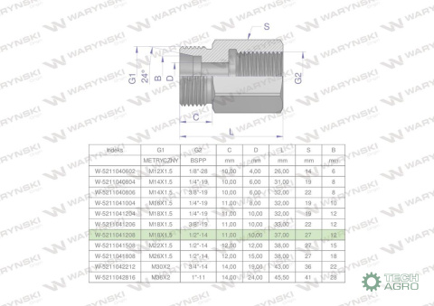 Tulejka różnicowa hydrauliczna AB M18x1.5 12L GZ x 1/2" BSP Waryński