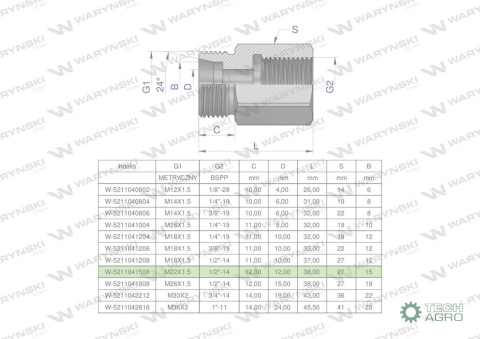 Tulejka różnicowa hydrauliczna AB M22x1.5 15L GZ x 1/2" BSP Waryński