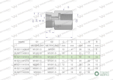 Tulejka różnicowa hydrauliczna metryczna AB M16x1.5 10L GZ x M14x1.5 GW Waryński ( sprzedawane po 2 )