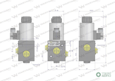 Elektrozawór 3-drogowy elektromagnetyczny kontroli 3/2 W-E12DVS3/2-80L G1/2" 12V 80L Waryński Elektrozawór 3-drogowy elektromagnetyczny kontroli 3/2 W-E12DVS3/2-80L G1/2" 12V 80L Waryński