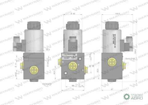 Elektrozawór 3-drogowy elektromagnetyczny kontroli 3/2 W-E12DVS3/2-80L G1/2" 80L (24V DC) Waryński Elektrozawór 3-drogowy elektromagnetyczny kontroli 3/2 W-E12DVS3/2-80L G1/2" 80L (24V DC) Waryński