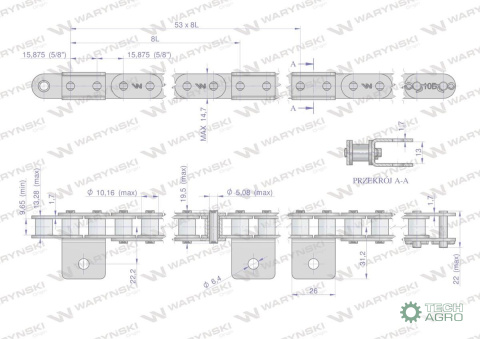 Łańcuch C10B (R1 5/8) przenośnika Kombajnu do Porzeczek 53 łopatek Waryński Łańcuch C10B (R1 5/8) przenośnika Kombajnu do Porzeczek 53 łopatek Waryński