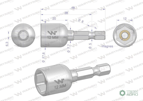 Nasadka do farmerów, 12mm do uchwytunarzędziowego do wkrętarki ze stali CrV długość 48 mm, Waryński Nasadka do farmerów, 12mm do uchwytunarzędziowego do wkrętarki ze stali CrV długość 48 mm, Waryński