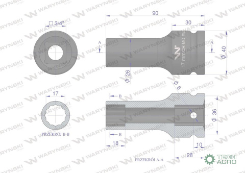 Nasadka udarowa 3/4" dwunastokątna zestali CrMo 17mm bardzo długa D90 SLIM Waryński Nasadka udarowa 3/4" dwunastokątna zestali CrMo 17mm bardzo długa D90 SLIM Waryński