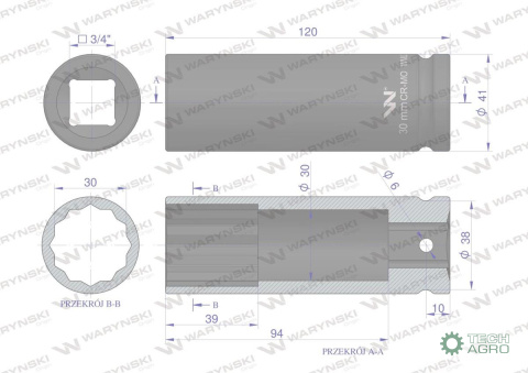 Nasadka udarowa 3/4" dwunastokątna zestali CrMo 30mm bardzo długa D120 SLIM Waryński Nasadka udarowa 3/4" dwunastokątna zestali CrMo 30mm bardzo długa D120 SLIM Waryński