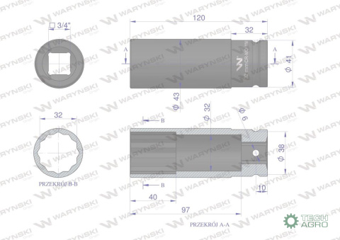 Nasadka udarowa 3/4" dwunastokątna zestali CrMo 32mm bardzo długa D120 SLIM Waryński Nasadka udarowa 3/4" dwunastokątna zestali CrMo 32mm bardzo długa D120 SLIM Waryński