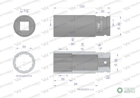 Nasadka udarowa 3/4" dwunastokątna zestali CrMo 34mm bardzo długa D120 SLIM Waryński Nasadka udarowa 3/4" dwunastokątna zestali CrMo 34mm bardzo długa D120 SLIM Waryński