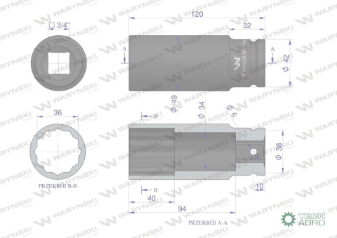 Nasadka udarowa 3/4" dwunastokątna zestali CrMo 36mm bardzo długa D120 SLIM Waryński Nasadka udarowa 3/4" dwunastokątna zestali CrMo 36mm bardzo długa D120 SLIM Waryński