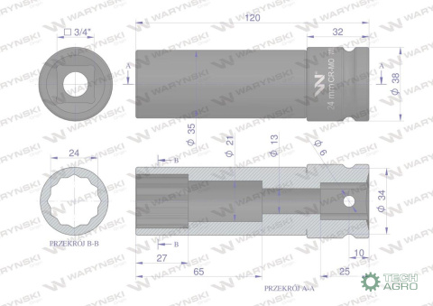 Nasadka udarowa 3/4" dwunastokątnazestali CrMo 24mm bardzo długa D120 SLIM Waryński Nasadka udarowa 3/4" dwunastokątnazestali CrMo 24mm bardzo długa D120 SLIM Waryński